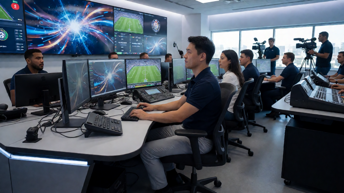 体育赛事直播导播室实时转播画面